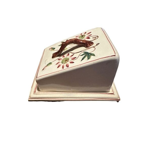 Vintage Glazed Pottery Lidded Cheese Server Cream Floral Pattern Large Keeper - Picture 2 of 15